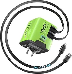 W & O 60W GaN Fast Charger for iPhone 15/16/17, Retractable Wall Plug with Lightning & Type-C Cables – Compatible with iPhone, Galaxy S24/S25, Android, and More (Green)