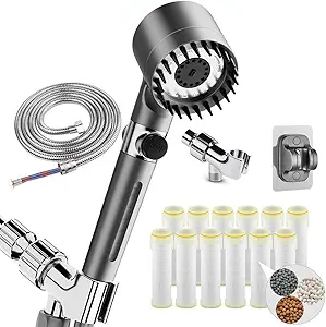 High-Pressure Filtered Shower Head with Handheld – 3 Spray Modes, 12 Replaceable Water Softener Filters for Hard Water | Ion Drops Shower Head with 75" Anti-Burst Hose