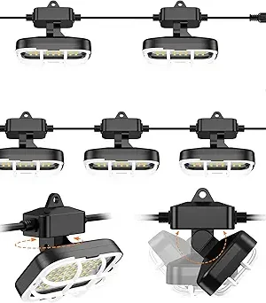 50ft Adjustable LED Construction String Lights – Super Bright 7500lm, 75W, Dual-Angle (90° & 180°) Adjustable, Waterproof IP66, Ideal for Construction and Temporary Work Sites (50ft, 5 Adjustable Lights)
