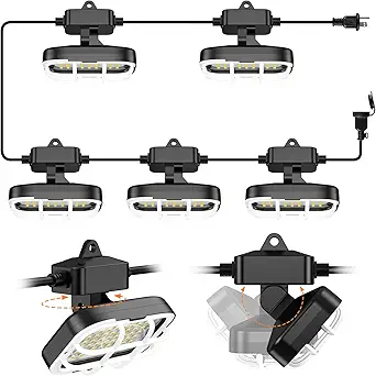 50ft Adjustable LED Construction String Lights – Super Bright 7500lm, 75W, Dual-Angle (90° & 180°) Adjustable, Waterproof IP66, Ideal for Construction and Temporary Work Sites (50ft, 5 Adjustable Lights)