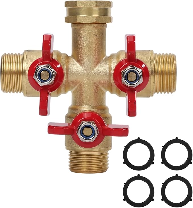 Heavy-Duty 3-Way Brass Garden Hose Splitter with Stainless Steel Long Handle – 3/4" GHT Water Hose Adapter