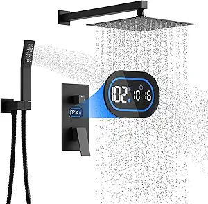 Matte Black Shower Faucet Set with Hydro-Powered Temperature Display – 10-Inch Overhead Shower & Handheld Spray, Wall-Mounted System with Valve and Trim Kit