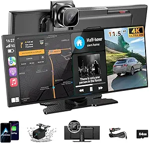 11.5-inch Wireless CarPlay Touchscreen for All Vehicles – Supports Apple CarPlay & Android Auto, HD 4K Dash Cam, 1080P Backup Camera, GPS Navigation, Bluetooth, Voice Control, FM Radio, and Mirror Link