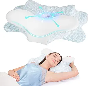 Cervical Memory Foam Neck Pillow – Ergonomic Contour Pillow for Pain Relief, Orthopedic Support for Side, Back, and Stomach Sleepers with Breathable Pillowcase (Blue & White)