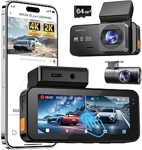 4K Front and 2K Rear Dash Cam for Cars – X5 Dual Dash Camera with 3.39” Touchscreen, WiFi App Control, 64GB Card Included, Parking Mode, Night Vision, Loop Recording, and Emergency Lock