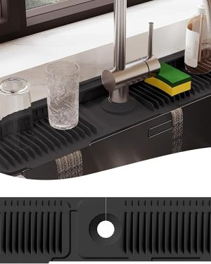 24" Silicone Kitchen Faucet Mat – Upgraded 2025 Draining & Splash Guard with Water Tray – Countertop Protector for Spills (Black, 24" x 5.5")