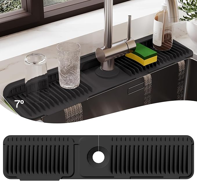 24" Silicone Kitchen Faucet Mat – Upgraded 2025 Draining & Splash Guard with Water Tray – Countertop Protector for Spills (Black, 24" x 5.5")