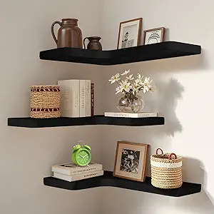 Set of 3 Floating Corner Shelves – Solid Wood, Wall-Mounted Storage for Bedroom, Kitchen, Bathroom, or Living Room (Black)