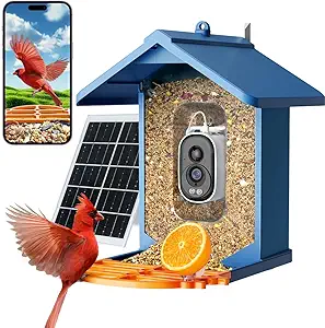 Blue Bird Feeder with Camera – 2.5K HD Live Video, AI Bird Recognition, 5MP Photos, 7W Solar-Powered & 4000mAh Battery – Wall, Mount, or Hang Friendly