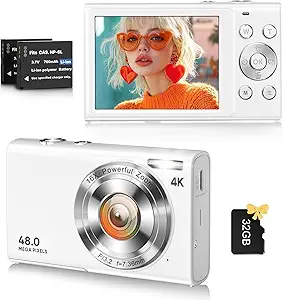 4K Vlogging & Photography Camera – Compact Digital Camera with 48MP, 16X Digital Zoom, Autofocus, 32GB SD Card & 2 Batteries – Ideal for Teens and Adults (White)