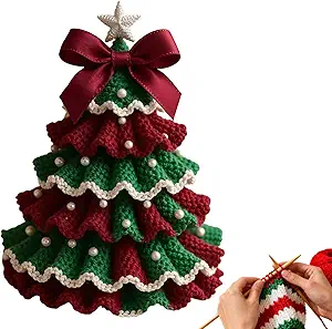 DIY Crochet Christmas Tree Kit – Beginner Holiday Craft Set with Yarn, Hook, Beads & Instructions. Includes Red and Green Materials, Tree Bow, and Pearl Embellishments for Handmade Christmas Decorations.