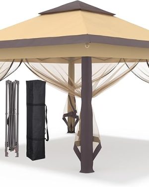 GDY 11x11 ft Pop-Up Canopy Tent – Outdoor Gazebo with Mesh Netting, Wheeled Carry Bag, Ideal for Backyard, Brown