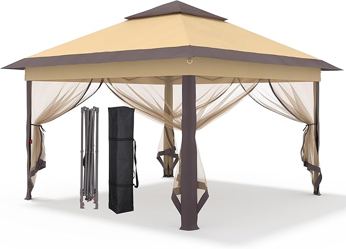GDY 11x11 ft Pop-Up Canopy Tent – Outdoor Gazebo with Mesh Netting, Wheeled Carry Bag, Ideal for Backyard, Brown
