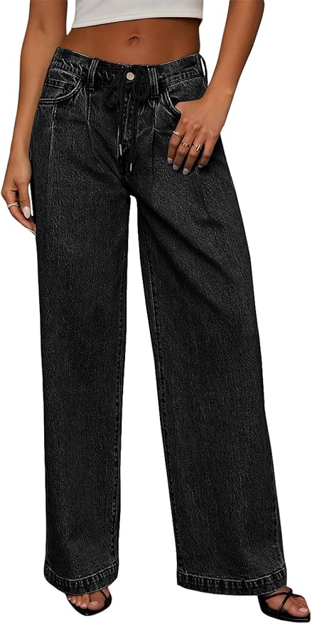 Sidefeel Women’s High-Waisted Wide-Leg Drawstring Jeans