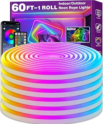 SINLEY 60FT LED Neon Rope Lights – App & Remote Control, Flexible RGB Strip with Multiple Modes, Waterproof IP68, Music Sync, Perfect for Indoor & Outdoor Gaming, Bedroom, and Decor Lighting
