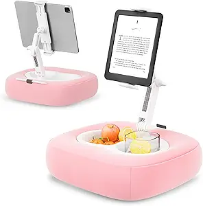Tablet Pillow Stand with Dual Snack Bowls – 360° Adjustable iPad & Kindle Holder for Bed or Sofa, Fits 4.7"–13" Devices, Ideal Gift for Reading, Relaxing & Watching, Pink