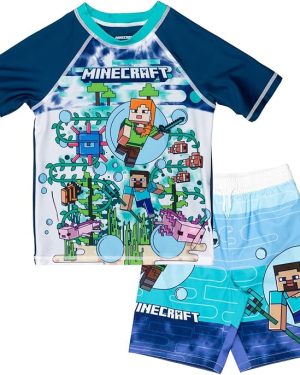 Minecraft Raglan Rash Guard & Swim Trunks Set – UPF 50+ Sun Protection, Kids’ Sizes 4-20