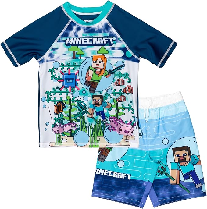 Minecraft Raglan Rash Guard & Swim Trunks Set – UPF 50+ Sun Protection, Kids’ Sizes 4-20