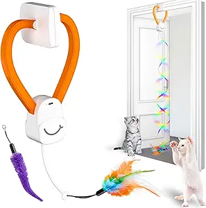 Interactive Automatic Cat Toy for Indoor Cats – 360° Rotating Hanging Door Clip with Feather & Rainbow Ribbons, Engaging Exercise Toy for Kittens and Adult Cats