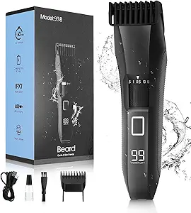 Cordless Waterproof Beard Trimmer for Men – 20 Adjustable Length Settings, Precision Stainless Steel T-Blade, LED Display, Travel Lock, and 2 Guide Combs for Effortless Facial Hair Grooming