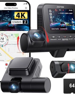 3-Channel Car Dash Camera – Front 4K + Rear & Interior 1080P | STARVIS 2 Sensor, HDR Night Vision, GPS, 24H Parking Mode, Includes 64GB Memory Card