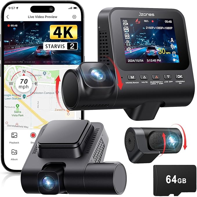 3-Channel Car Dash Camera – Front 4K + Rear & Interior 1080P | STARVIS 2 Sensor, HDR Night Vision, GPS, 24H Parking Mode, Includes 64GB Memory Card