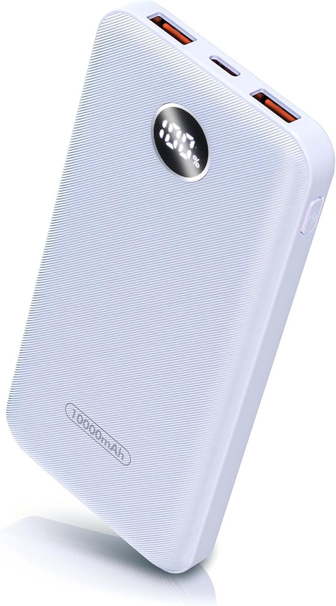 Purple 10000mAh Compact Power Bank – Portable Charger with Built-In Type-C Cable, 22.5W Fast Charging, and LED Digital Display for iPhone & Android