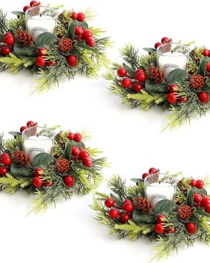 4PCS Christmas Candle Holder Rings – Artificial Mini Wreaths for Table Centerpieces, Napkin Rings & Holiday Decorations