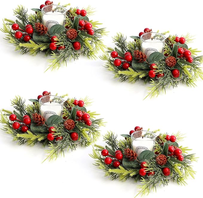 4PCS Christmas Candle Holder Rings – Artificial Mini Wreaths for Table Centerpieces, Napkin Rings & Holiday Decorations