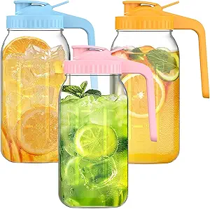 3-Pack 64oz Glass Mason Jar Pitchers with Leak-Proof Lids and Handles – Wide Mouth for Sun Tea, Cold Brew, Lemonade, Juice, Iced Tea, and Water