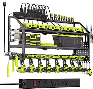 Power Tool Organizer Wall Mount with Charging Station – 8-Slot Drill Holder, 8-Outlet Power Strip, Cordless Drill Storage and Battery Rack for Garage Organization