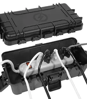Medium Outdoor Electrical Box – 11.6 x 5.7 x 4.1 inches, IP54 Waterproof Extension Cord Cover with 6 Cable Entries – Weatherproof Connection Box for Power Strips, Plugs, Timers, and Holiday Lights, Black