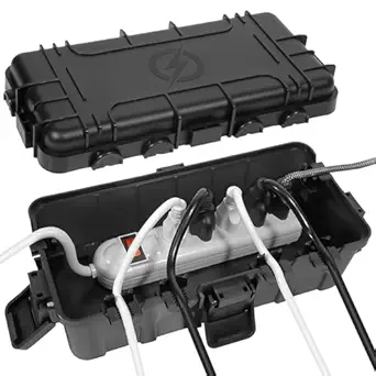 Medium Outdoor Electrical Box – 11.6 x 5.7 x 4.1 inches, IP54 Waterproof Extension Cord Cover with 6 Cable Entries – Weatherproof Connection Box for Power Strips, Plugs, Timers, and Holiday Lights, Black
