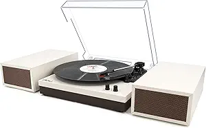LP&No.1 Wireless Vintage Turntable with Stereo Bookshelf Speakers – 3-Speed Belt-Drive Record Player with Auto Stop, Wireless Playback, Retro Milk White Design