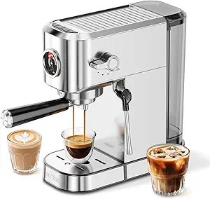 20-Bar Espresso Machine – Compact Stainless Steel Coffee Maker with Milk Frother, 42oz Water Tank & Visible Pressure Gauge, Perfect for Cappuccino & Latte, Home & Office – Silver