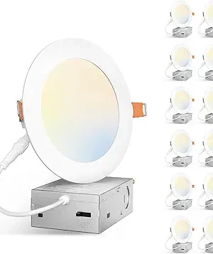 Amico 12-Pack 5-Inch Ultra-Thin LED Canless Recessed Ceiling Lights with Junction Box – Selectable 2700K/3000K/3500K/4000K/5000K, 11W (Equivalent to 75W), 900 Lumens, Dimmable Wafer Downlights, ETL & FCC Certified