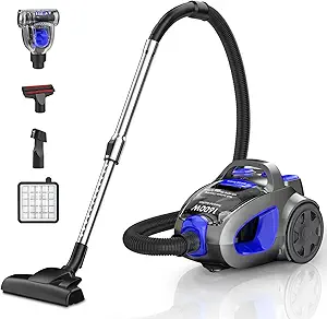 Blue Bagless Cyclone Canister Vacuum Cleaner – 1600W, 40KPa Suction, 3.7QT Large Dust Cup, Lightweight for Home Use on Hard Floors, Carpets & Pet Hair