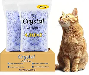 Crystal Cat Litter, Unscented Silica Gel, Powerful Odor Control, Non-Clumping, Lasts Up to 2 Months, Rapid Moisture Absorption, Low Tracking, Lightweight Blue & White Crystals, 8.6 lb