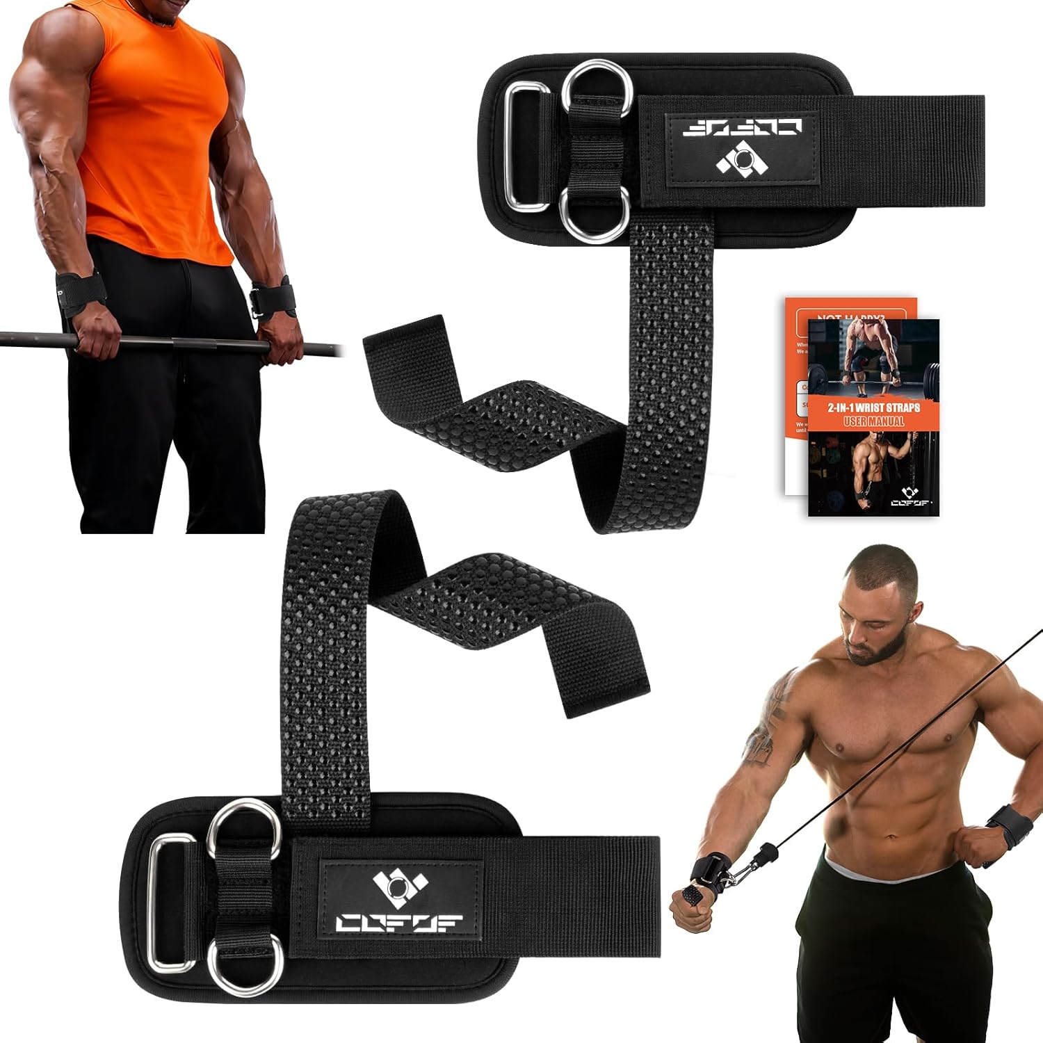 Heavy-Duty 2-in-1 Weight Lifting Straps with D-Rings – 8mm Padded Neoprene Non-Slip Wrist Straps for Men, Ideal for Weightlifting, Deadlifts, Pull-Ups & Cable Workouts