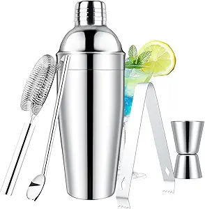 25oz Cocktail Shaker Set – 6-Piece Bartender Kit with Strainer, Jigger, Straw Spoon, Ice Tongs & Recipe Book | Stainless Steel Martini Shaker for Beginners