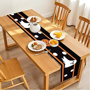 Halloween Table Runner – 13x72 Inch Black Table Decor with Ghosts & Pumpkins, Spooky-Cute Halloween Decoration for Dining Tables, Kitchens, Parties, Haunted Houses & Fall Celebrations