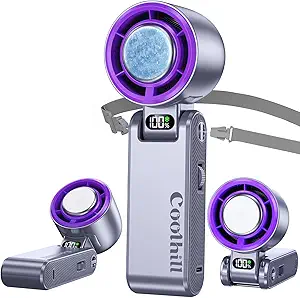 Portable Handheld Fan with Ice Cooler – Rechargeable 5500mAh, 100-Speed Personal Cooling Fan, 12-Hour Runtime, 20,000 RPM Turbo Air Technology for Travel & Outdoor Use (Purple)