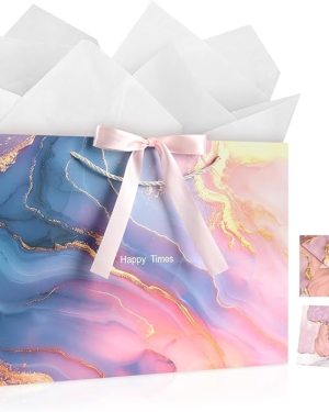 JMANNI Marble Pattern Gift Bags with Ribbon – Portable Paper Gift Bags for Any Occasion, Including Christmas, Weddings, Parties, and Mother’s Day (DLS02-L)
