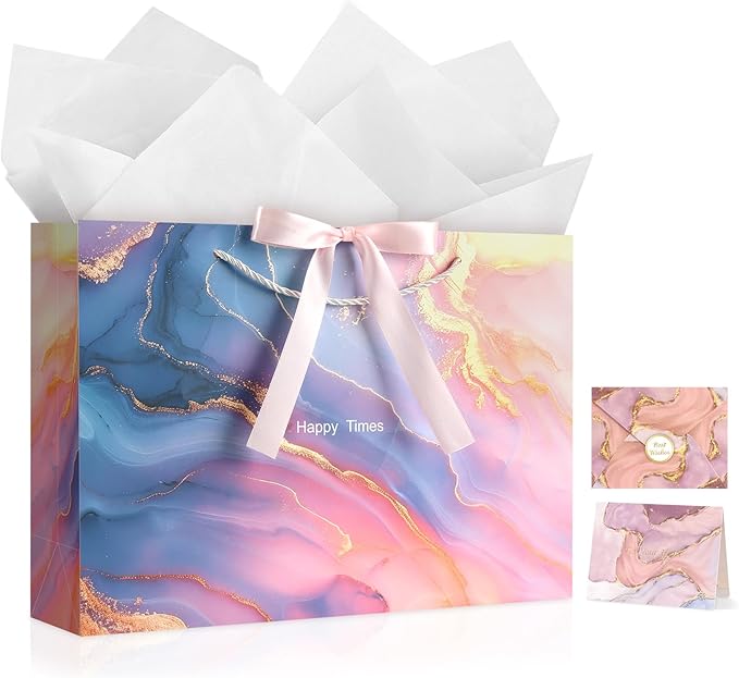 JMANNI Marble Pattern Gift Bags with Ribbon – Portable Paper Gift Bags for Any Occasion, Including Christmas, Weddings, Parties, and Mother’s Day (DLS02-L)