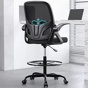 Ergonomic Tall Drafting Chair with Footrest Ring – Flip-Up Arms, Lumbar Support, Extended Height Executive Desk Chair for Home and Office (Black)