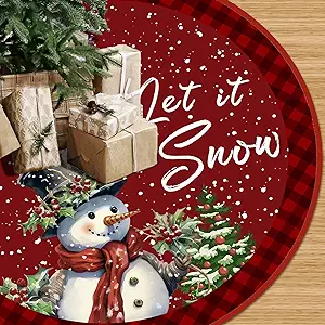 48-Inch Red Rustic Christmas Tree Skirt – Snowman & Snowflake Design