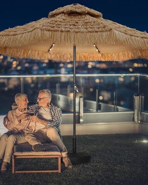 GDY 9-Foot 32-LED Hula Thatched Tiki Umbrella – Hawaiian-Style Beach & Patio Umbrella for Outdoor Tiki Bars, Tropical Palapas, Gardens, Beaches, and Backyards