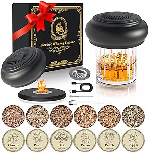 Electric Whiskey Smoker Kit with 6 Wood Chips – USB-Rechargeable Cocktail Infuser for Bourbon, Scotch, and Old Fashioned Drinks – One-Button Operation, No Torch Needed – Portable Whiskey Gift for Men