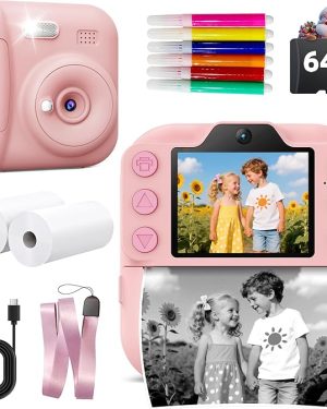 Kids Instant Print Camera – Portable Digital Toy for Toddlers and Children, 64GB SD Card Included, Perfect Christmas or Birthday Gift for Boys & Girls Ages 3-12, Pink