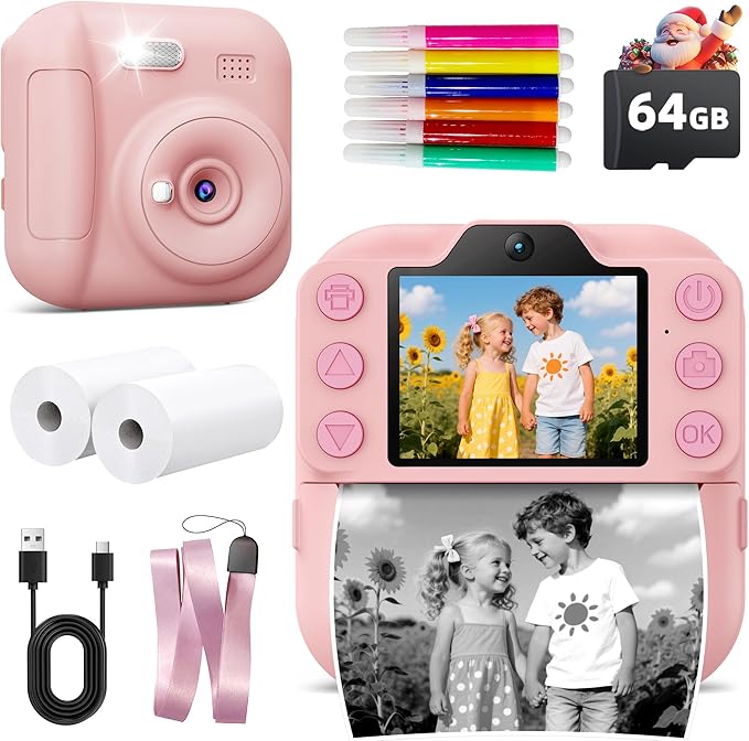 Kids Instant Print Camera – Portable Digital Toy for Toddlers and Children, 64GB SD Card Included, Perfect Christmas or Birthday Gift for Boys & Girls Ages 3-12, Pink